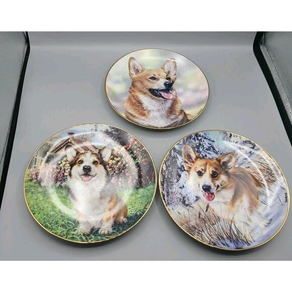 Set of 3 Rick Garland Corgi Collector Plates Faithful Friend Eager To Play Snow - Picture 1 of 7